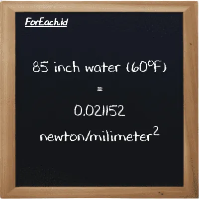 85 inch water (60<sup>o</sup>F) is equivalent to 0.021152 newton/milimeter<sup>2</sup> (85 inH20 is equivalent to 0.021152 N/mm<sup>2</sup>)